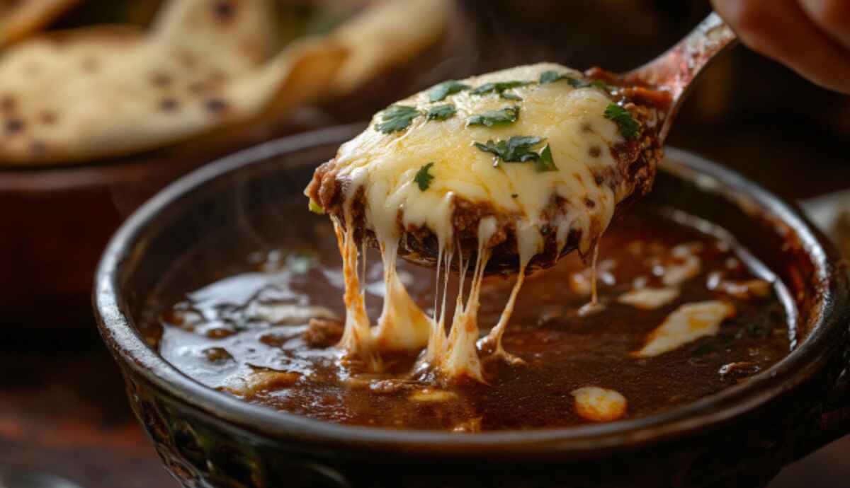 Birria bomb dipped into birria broth with cheese stretch and rich consomé in the background.