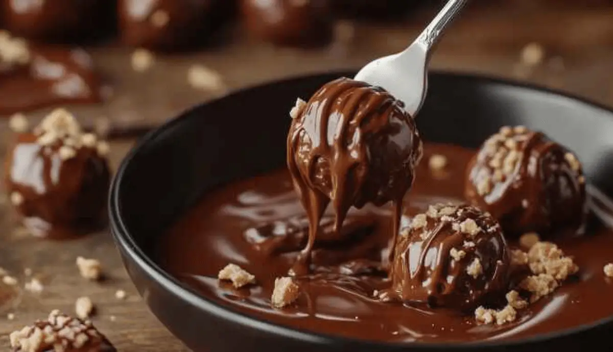 Butterfinger ball being dipped into a bowl of melted chocolate with drips falling back.
