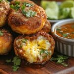 A tray of baked birria bombs recipe with crispy edges and cheese-filled centers, served with consomé for dipping.