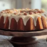 Whole Cafe Valley Sock It To Me Cake on a rustic wooden cake stand with glaze dripping down the sides.