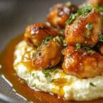 Final plated baked crunchy hot honey chicken with feta and hot honey