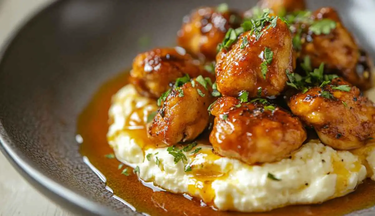 Final plated baked Crispy Hot Honey Feta Chicken with feta and hot honey