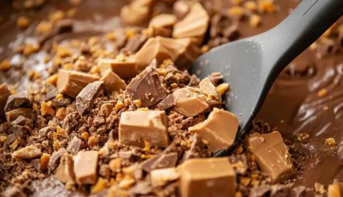 Stirring crushed Butterfinger into the dough