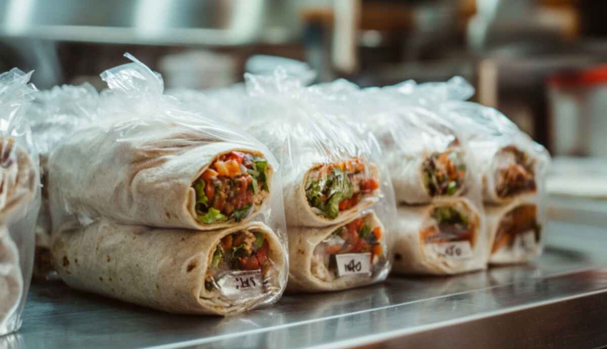 Foil-wrapped steak burritos prepped and labeled for freezing