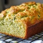Golden loaf of zucchini bread made with cake mix cooling on a wire rack.