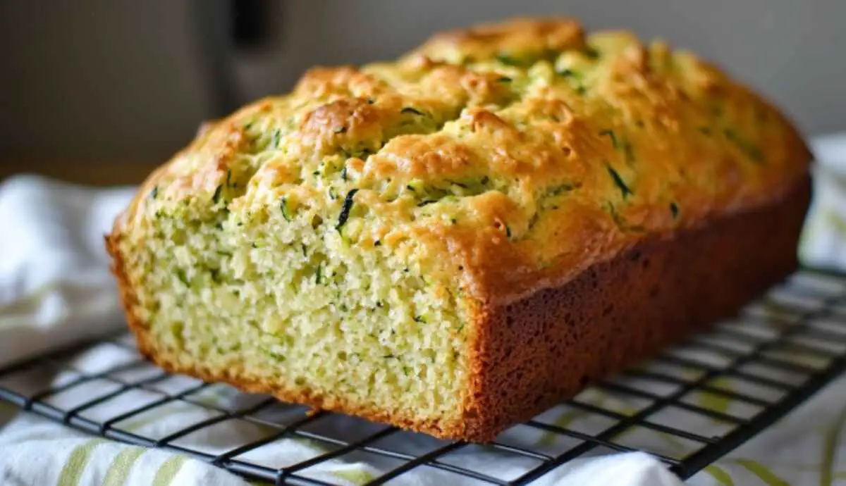 Golden loaf of zucchini bread made with cake mix cooling on a wire rack.