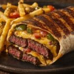 Steak and cheese dirty fry burrito sliced open showing steak, fries, and cheese