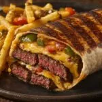 Steak and cheese dirty fry burrito sliced open showing steak, fries, and cheese