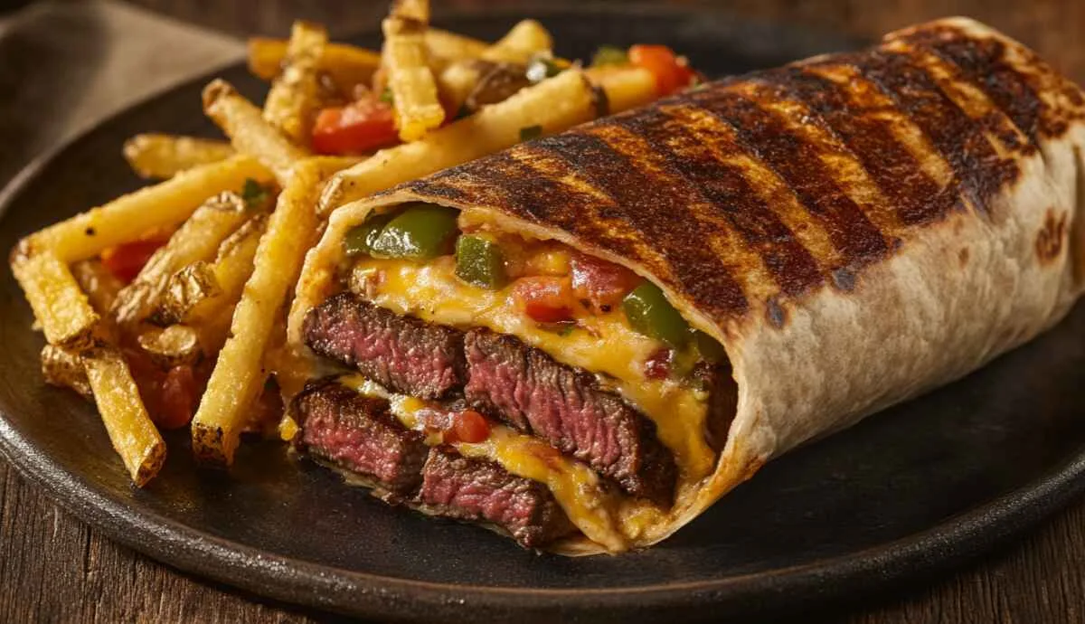 Steak and cheese dirty fry burrito sliced open showing steak, fries, and cheese