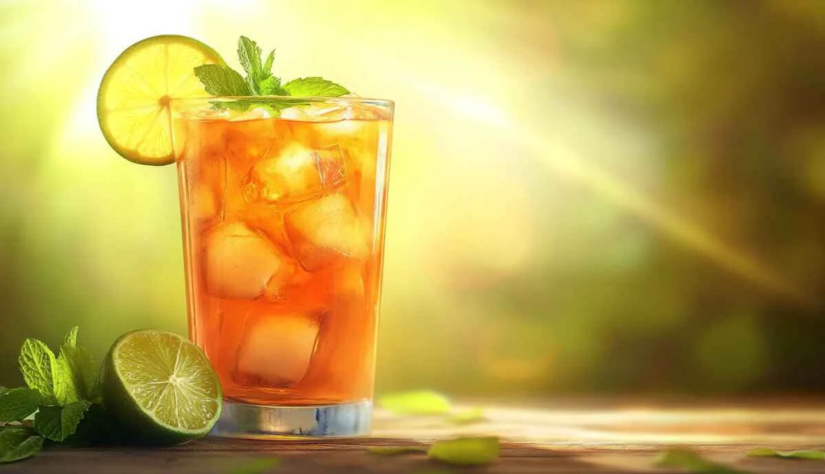 Non-alcoholic peach beach drink with lime and mint garnish