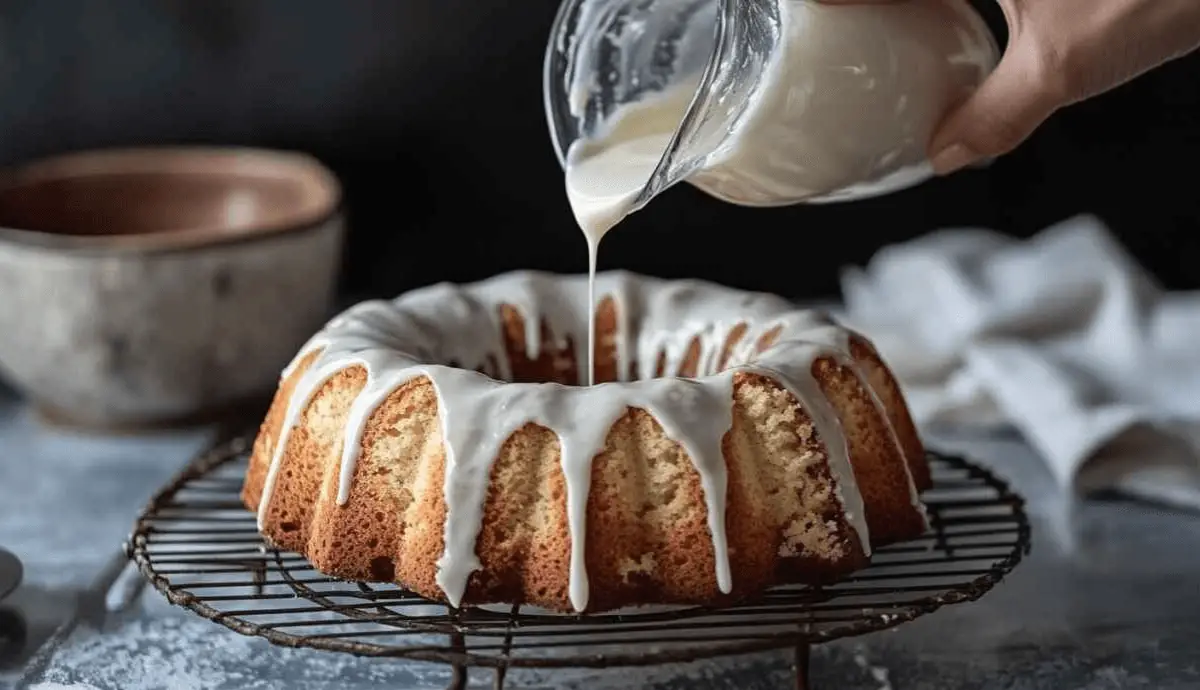 Vanilla glaze being poured over a warm Sock It To Me Cake on a cooling rack.