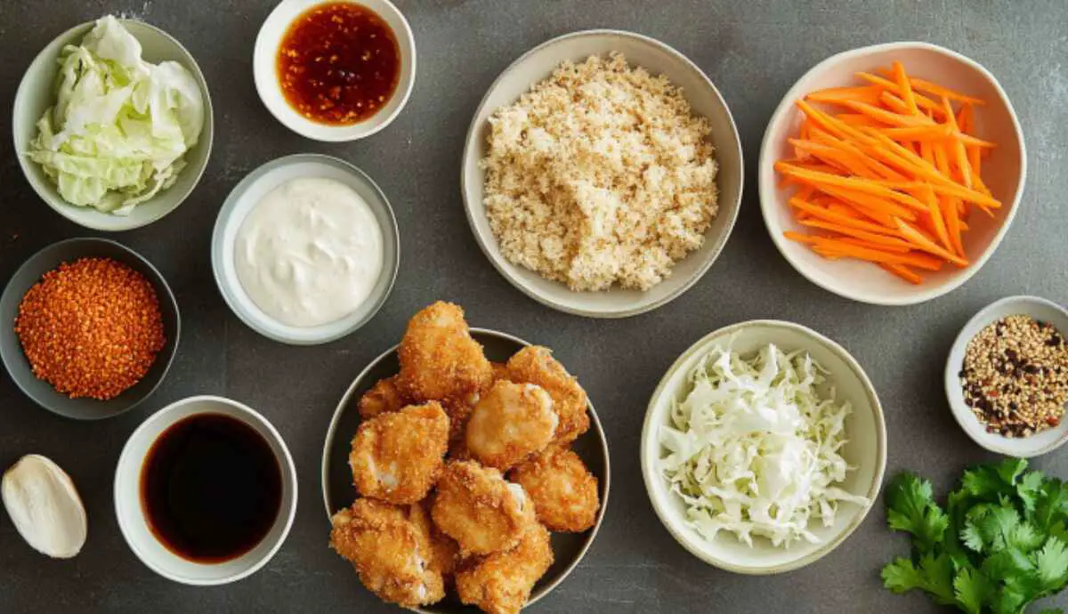 Ingredients for crispy chicken katsu sandwich laid out on wooden board