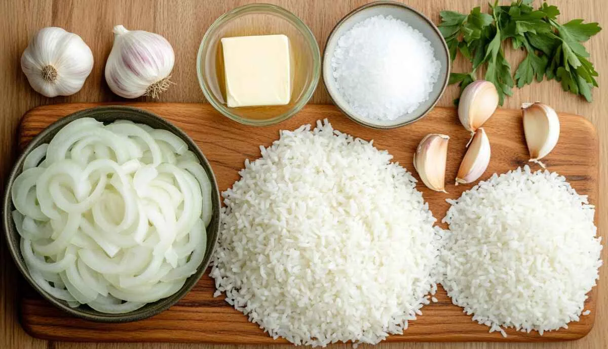 Ingredients for savory onion rice laid out before cooking