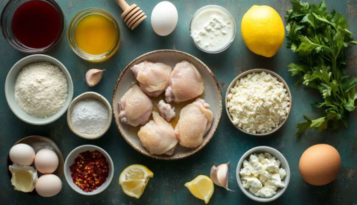 Ingredients for baked crunchy hot honey chicken arranged on a wood board