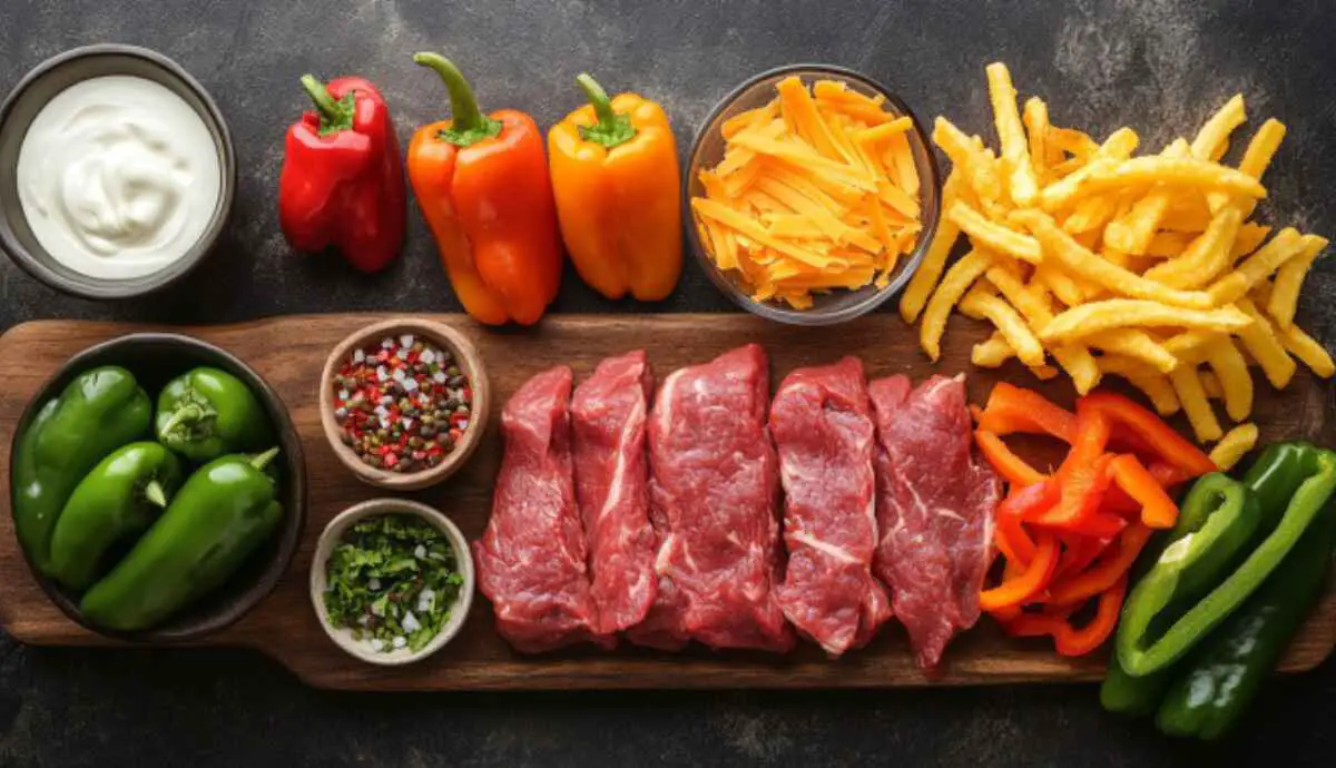 Ingredients for steak & cheese dirty fry burritos laid out before cooking