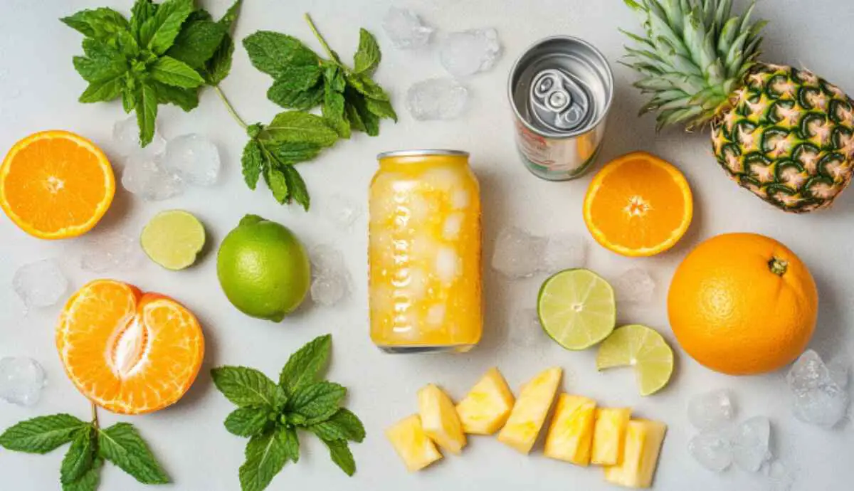 Peach beach drink ingredients including juices, citrus, and mint
