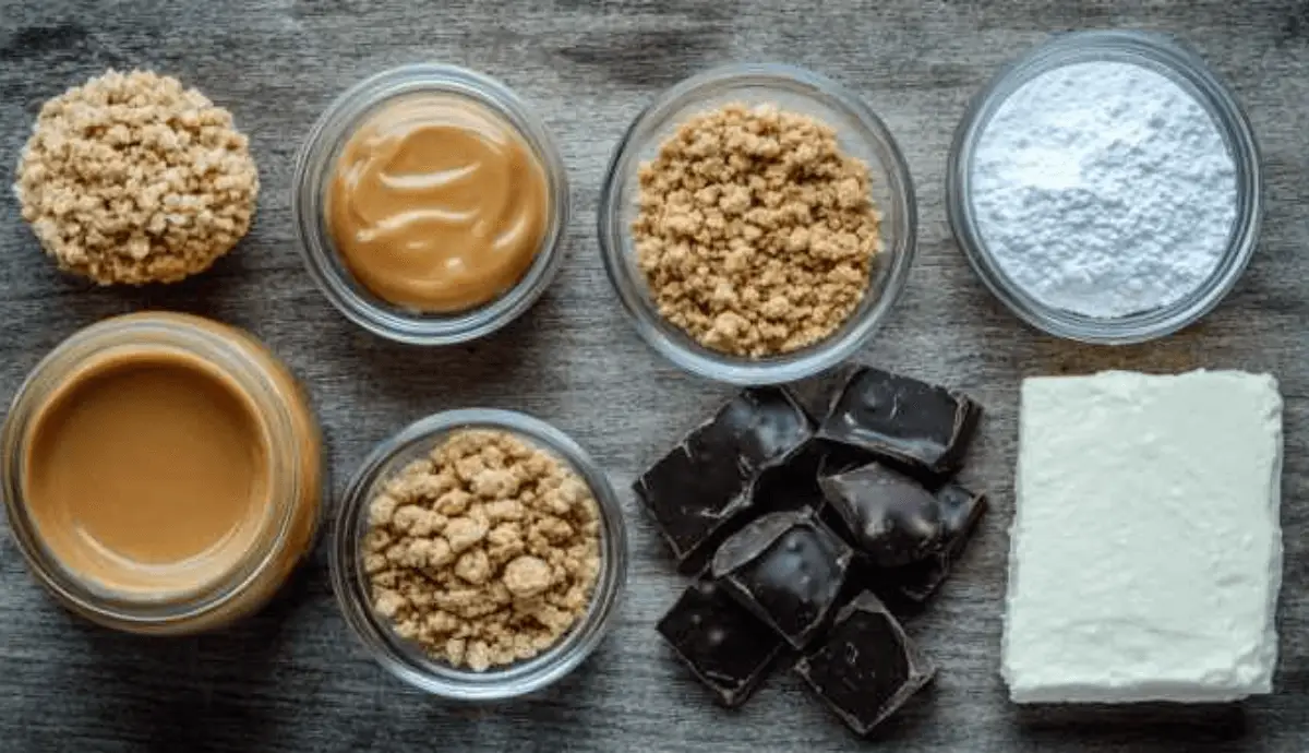Top-down view of ingredients for no bake Butterfinger balls arranged on a rustic kitchen counter.