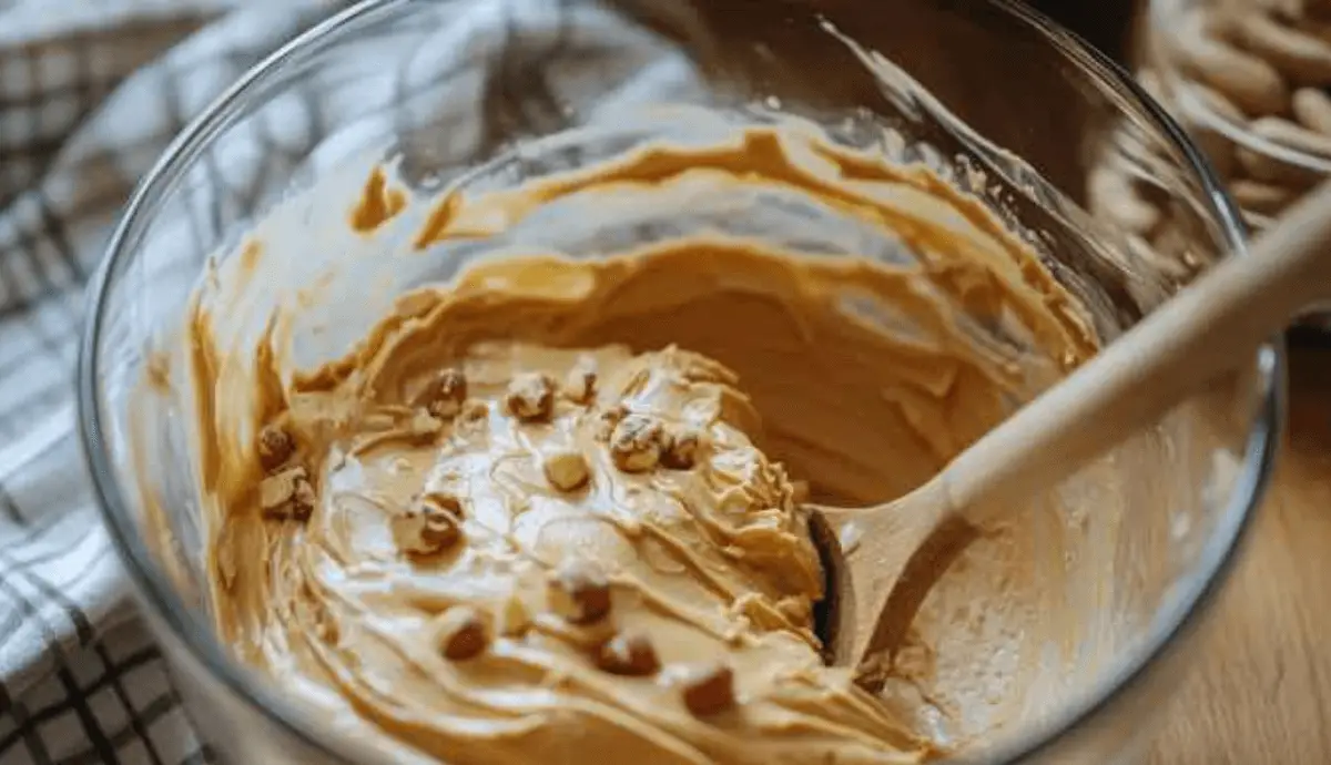 Mixing bowl with peanut butter, cream cheese, and crushed candy being stirred with a wooden spoon.