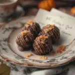 Plate of no bake Butterfinger balls drizzled with chocolate and sprinkled with candy crumbs.