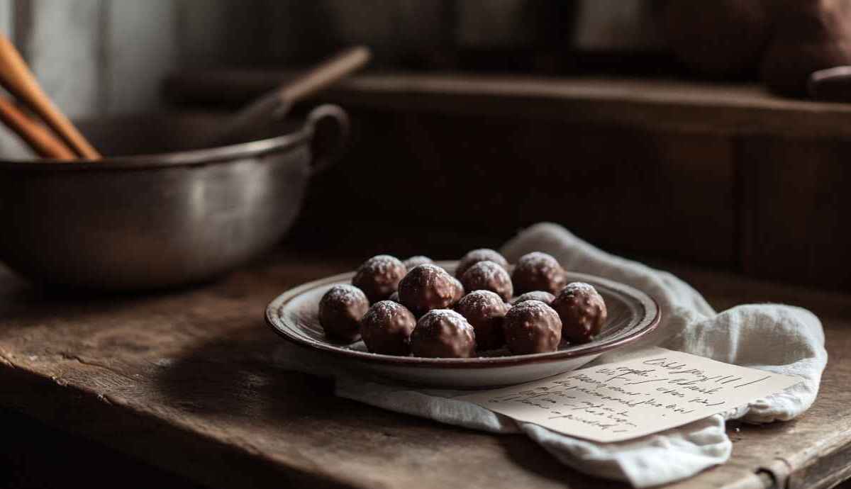 Chocolate-covered Butterfinger balls on a serving plate with candy crumble topping