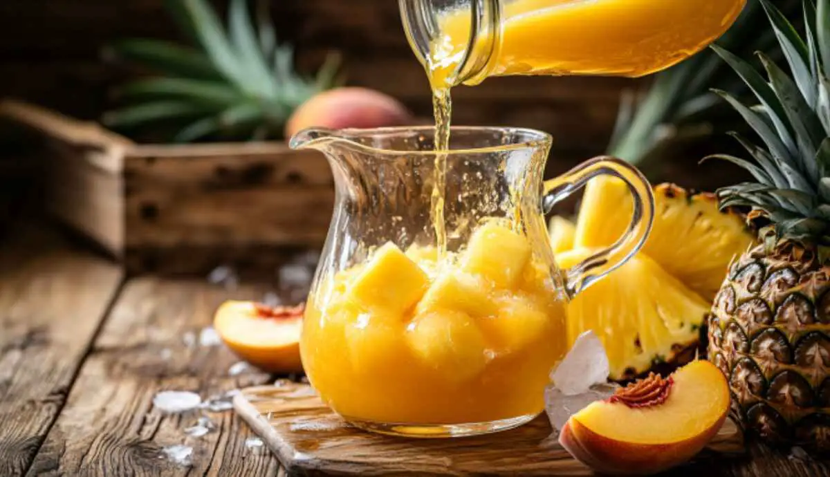 Peach nectar and juice being poured into a glass pitcher over ice