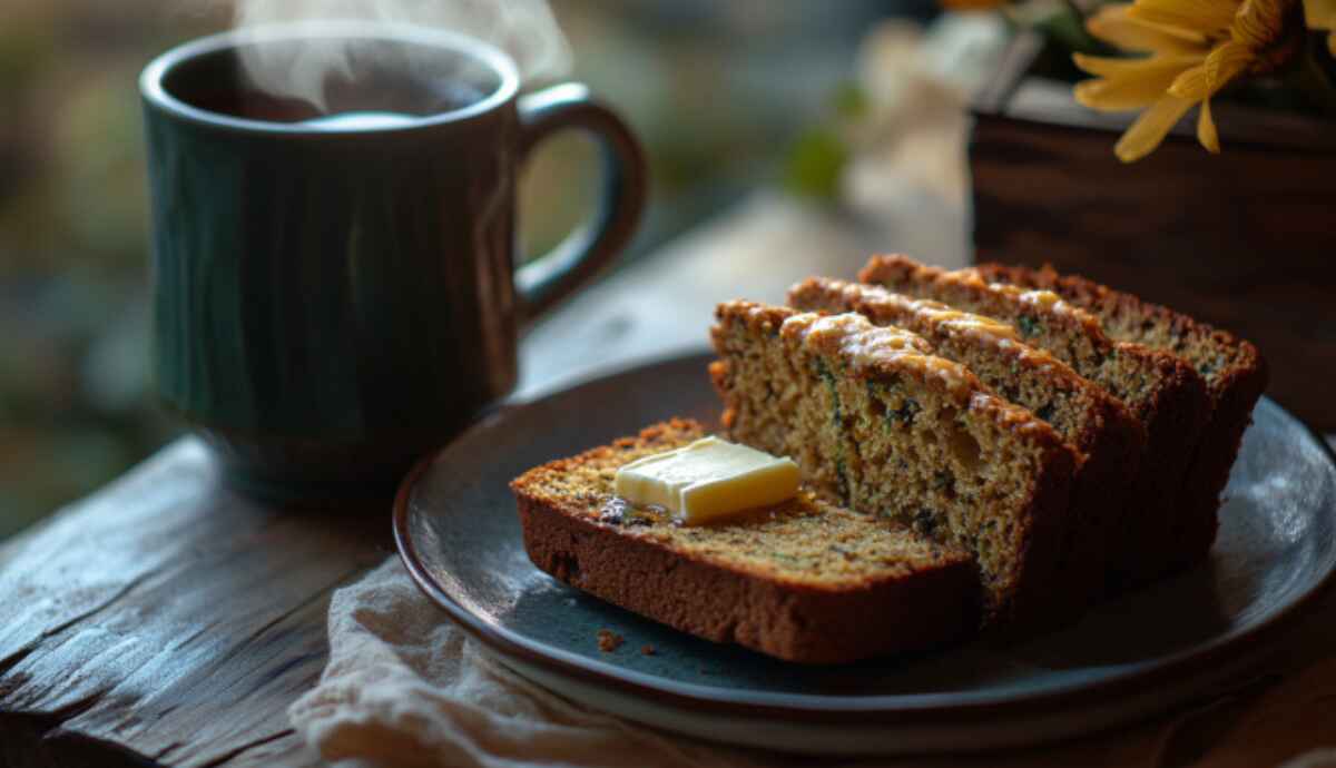 Slices of zucchini bread with butter, served alongside a cup of tea.