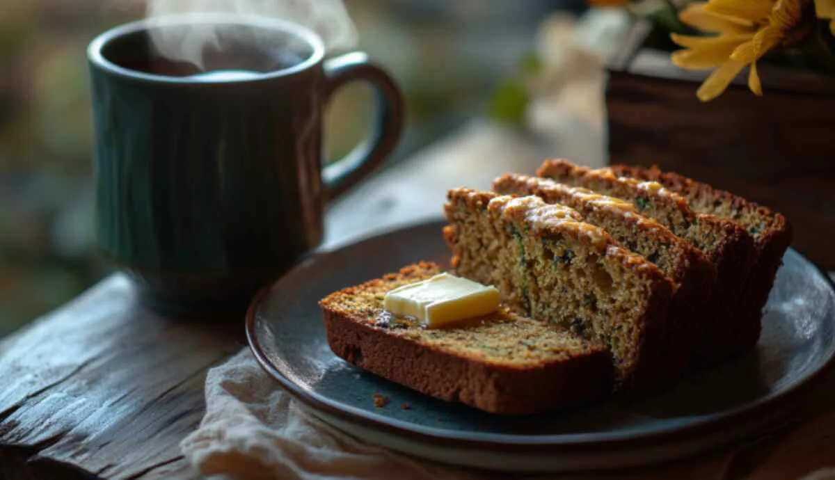 Slices of zucchini bread with butter, served alongside a cup of tea.