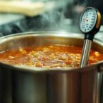 Reheating soup to 165°F on stovetop with probe thermometer