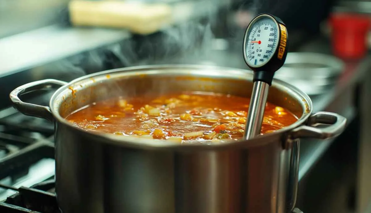 Reheating soup to 165°F on stovetop with probe thermometer