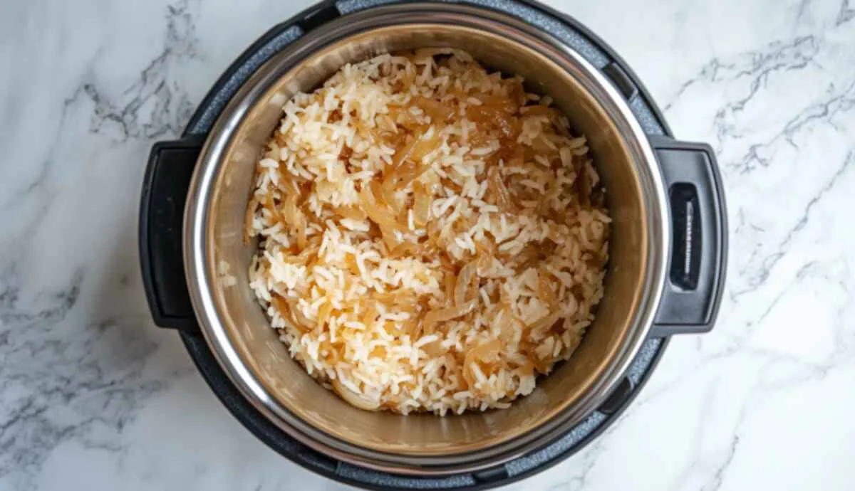 Savory onion rice ready to cook in rice cooker
