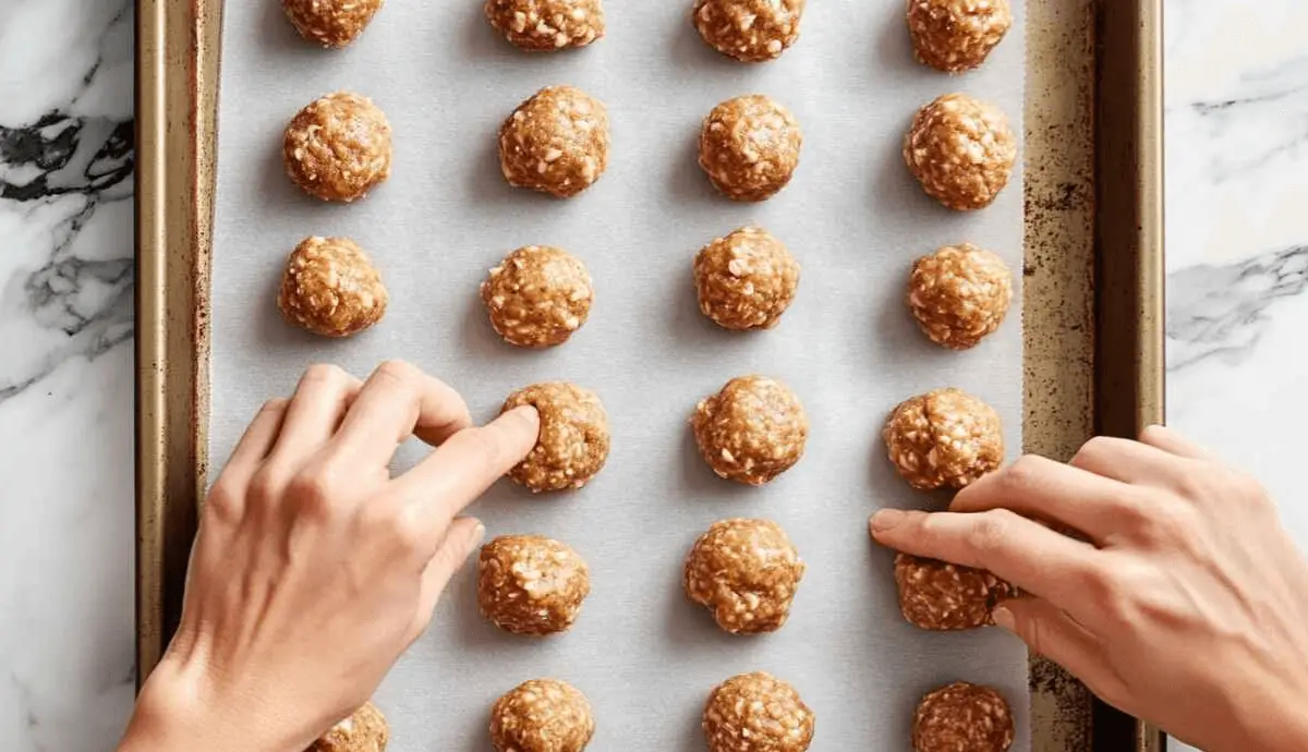 Rolling Butterfinger dough into bite-sized balls on parchment paper.