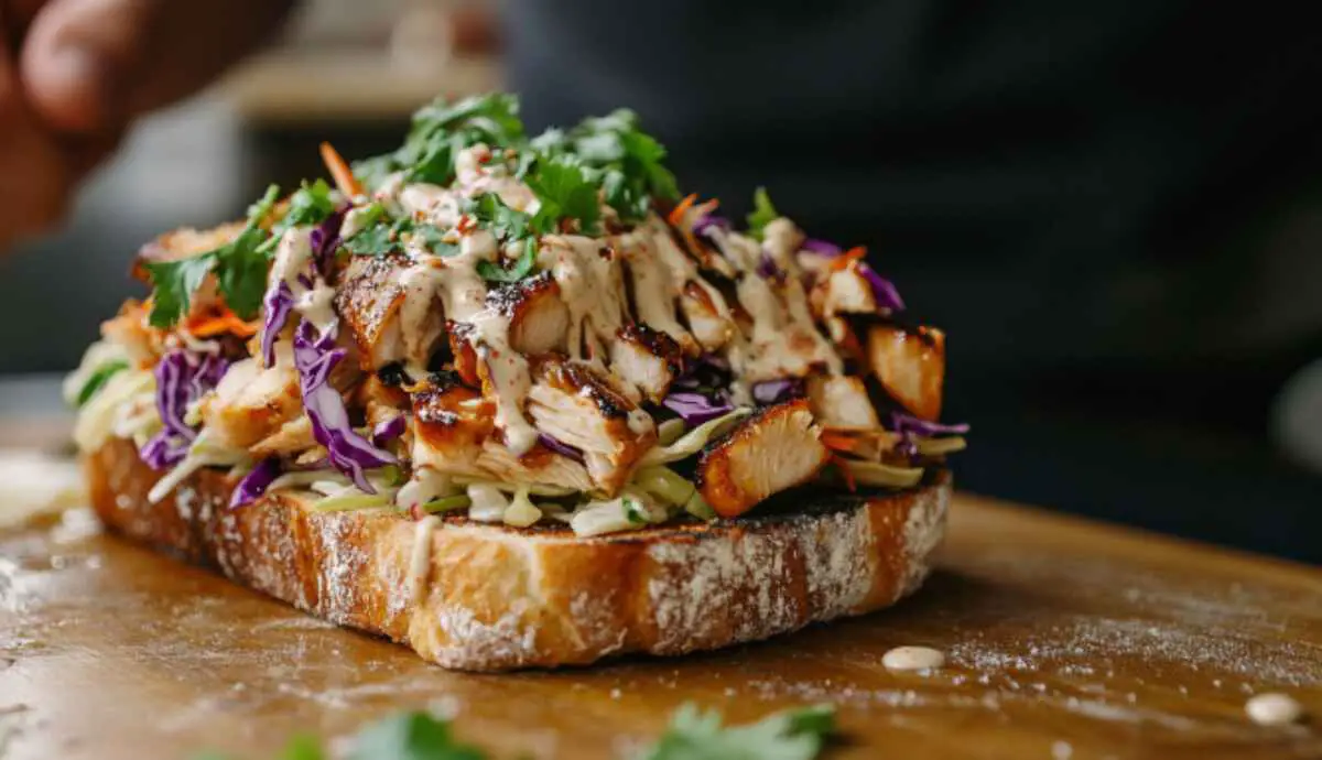 Open-faced crispy chicken katsu sandwich being assembled