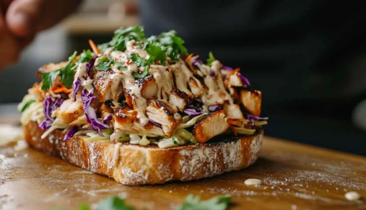 Open-faced crispy chicken katsu sandwich being assembled