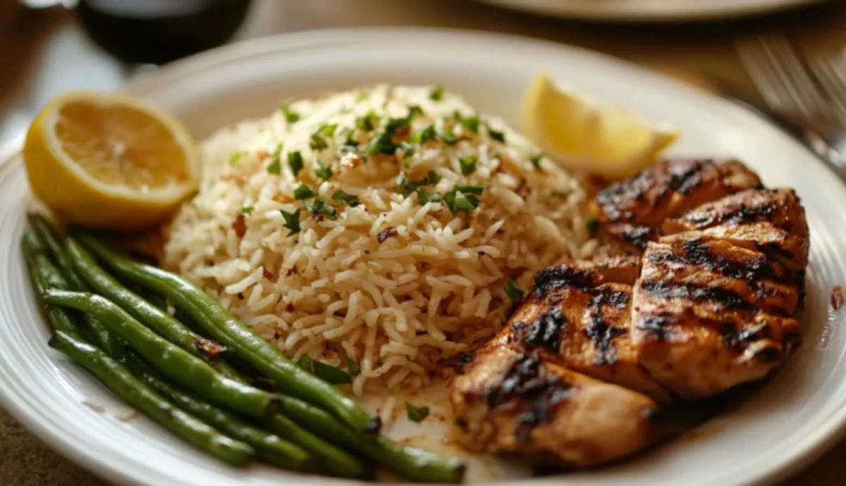 Savory onion rice served with grilled chicken and vegetables