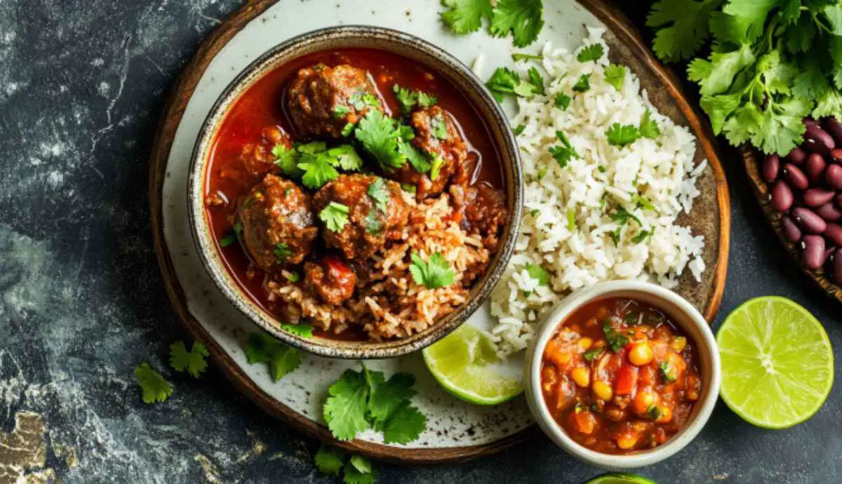 birria bombs recipe served as a full meal with consomé, rice, beans, and garnishes.