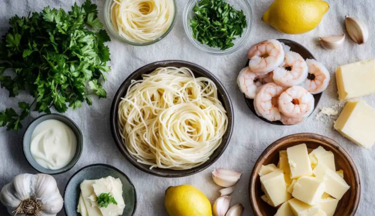 Ingredients for shrimp scampi pasta bake laid out on a linen cloth
