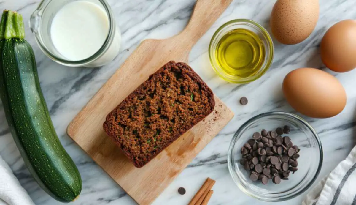 Flat lay of ingredients for zucchini bread made with cake mix, including zucchini, eggs, oil, and boxed cake mix.