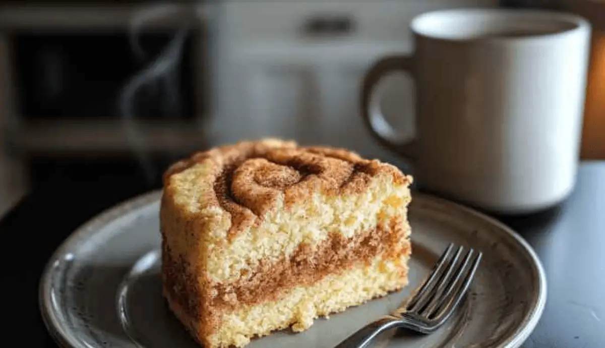 A close-up of a slice of Cafe Valley Sock It To Me Cake with a visible cinnamon swirl and moist crumb.