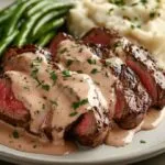 Steak drizzled with bourbon garlic cream sauce served with mashed potatoes