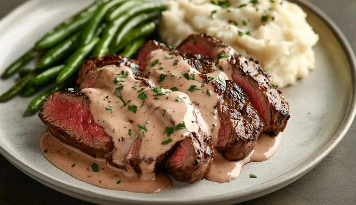 Steak drizzled with bourbon garlic cream sauce served with mashed potatoes