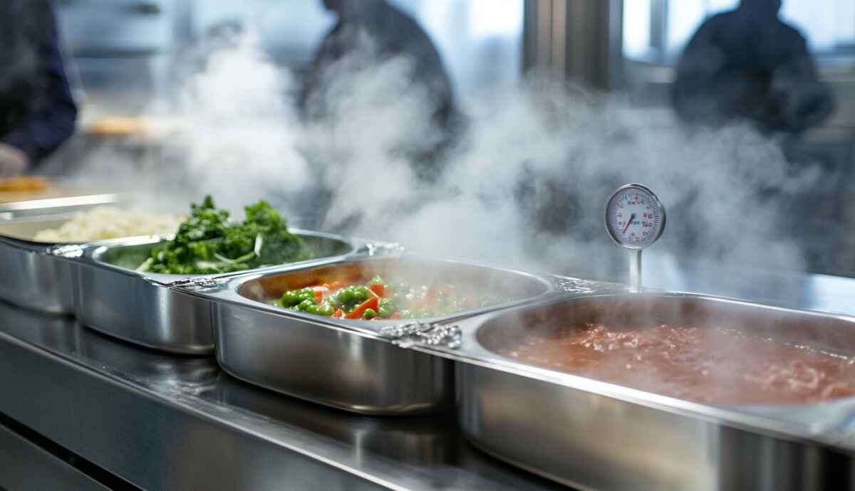 soup on a steam table is found to be 119 pan showing 119°F on food thermometer
