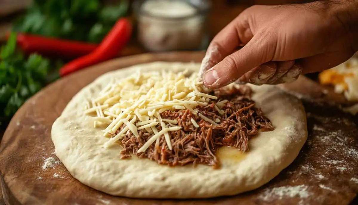 Hand placing birria filling and cheese onto biscuit dough before folding into a bomb.