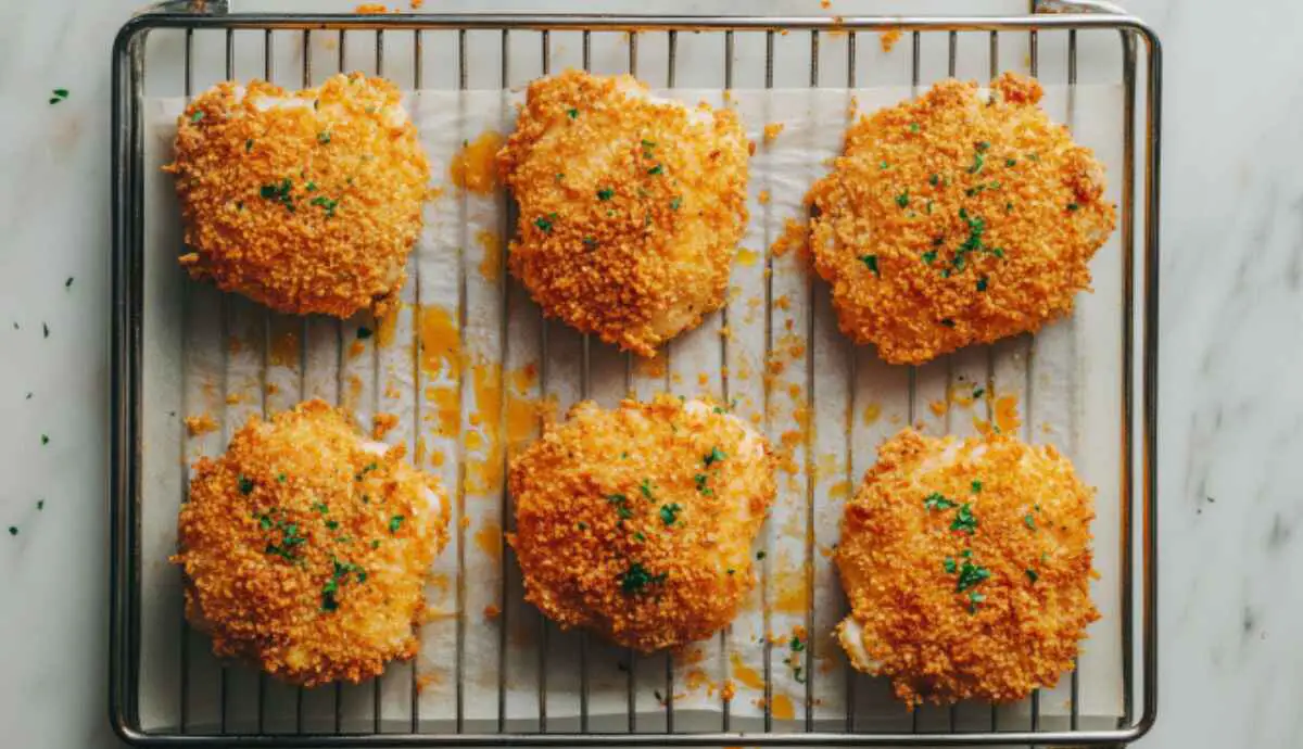 Breaded chicken thighs on wire rack ready for baking