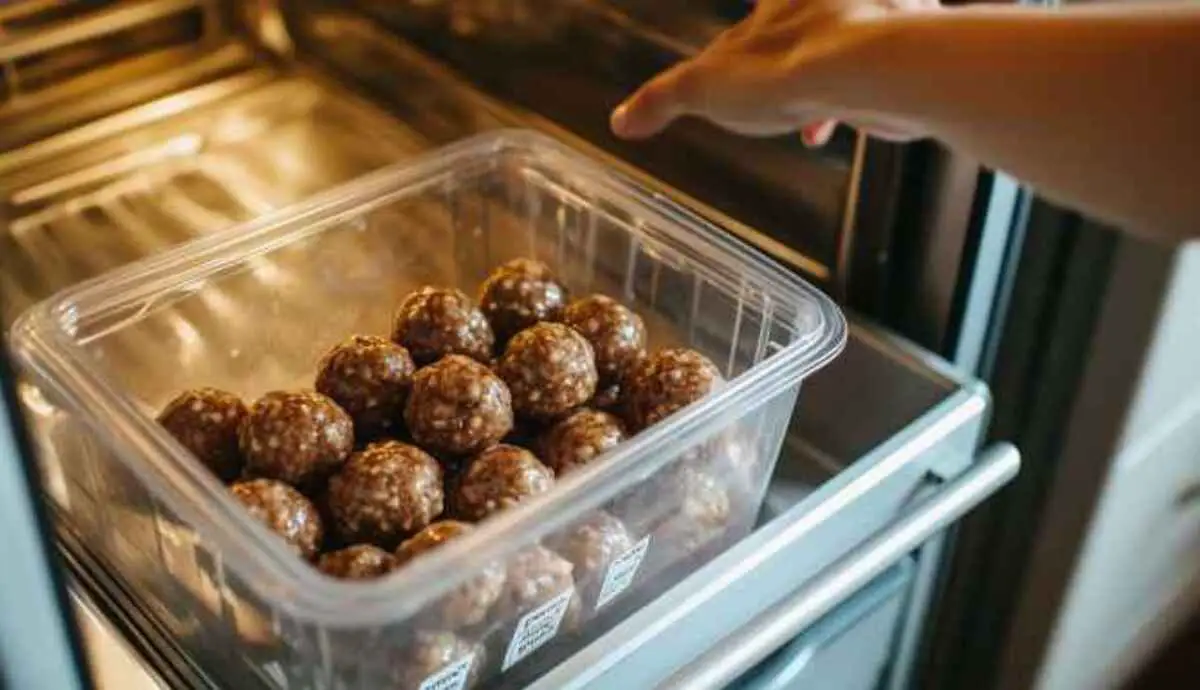 Butterfinger balls in a container labeled and stored in the fridge