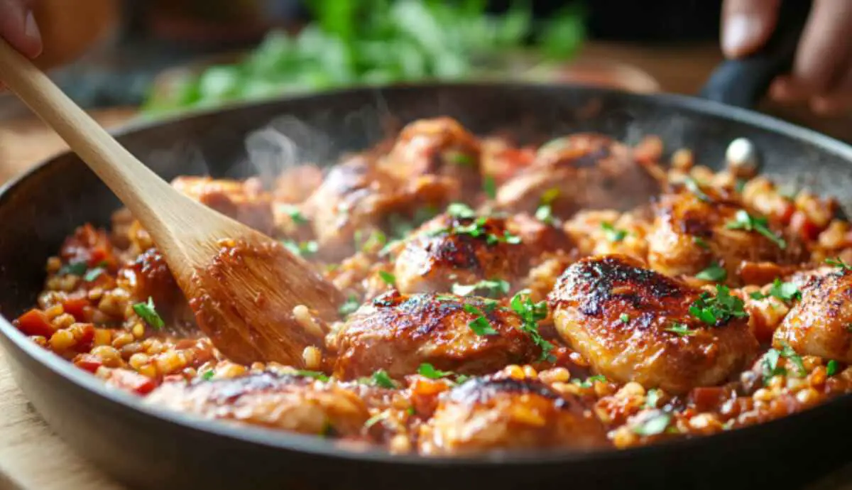 Chicken tossed in sweet chili sauce in skillet
