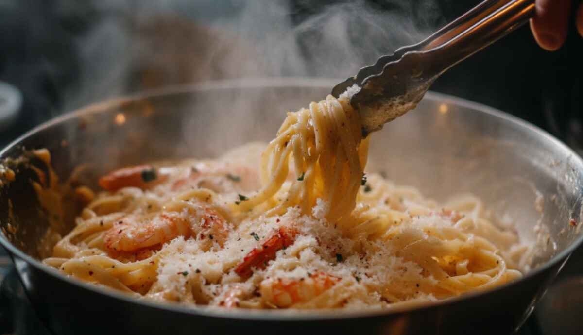 Linguine being tossed in creamy Cajun shrimp scampi sauce