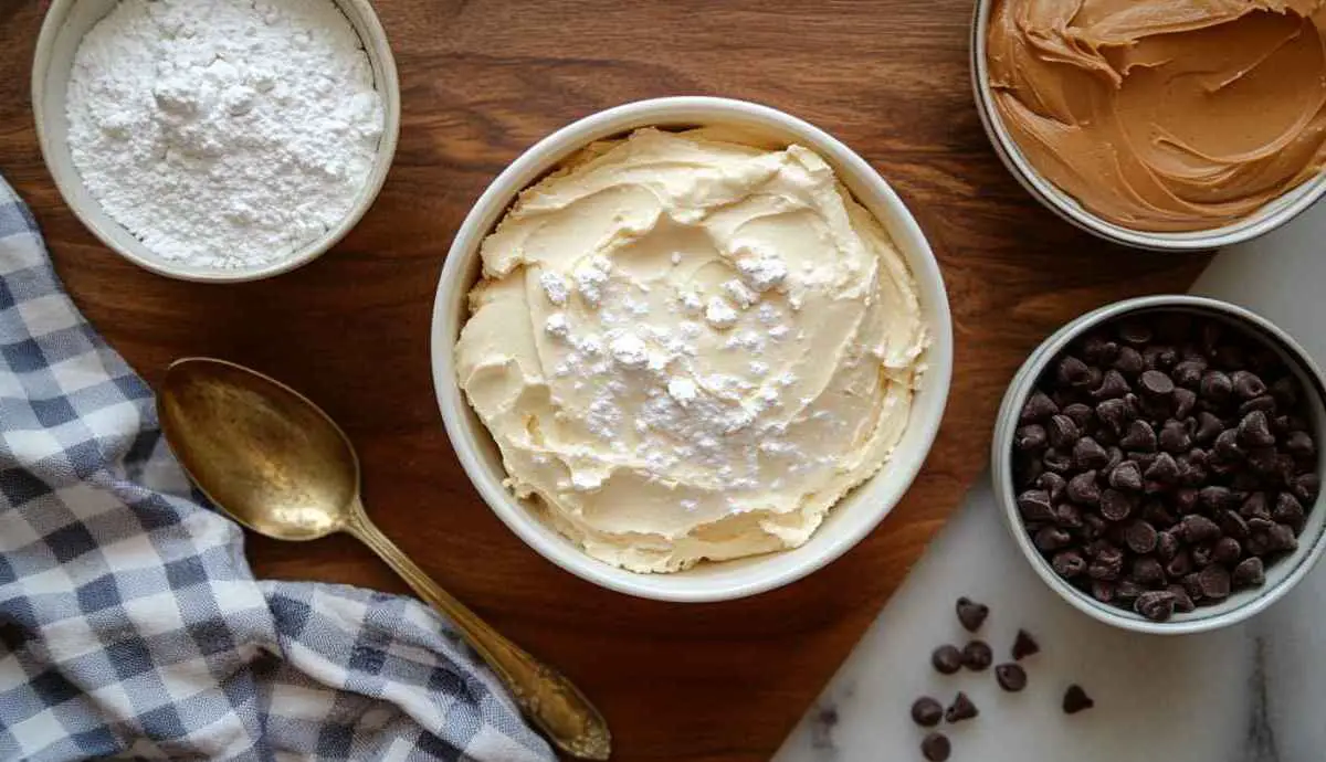 What You’ll Need Flat lay of ingredients for Butterfinger balls recipe with peanut butter, cream cheese, and candy.