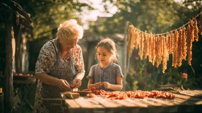 A grandmother and child in a garden peeling roasted peppers with pasta drying nearby.