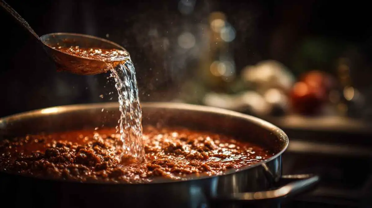 Adding A Ladle Of Starchy Pasta Water To Tomato Sauce To Make It Creamy.