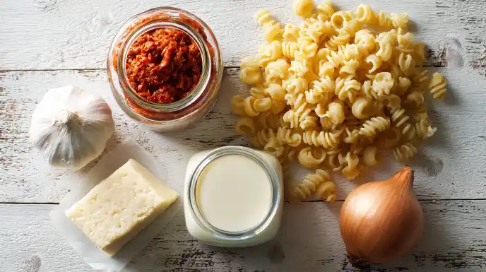 Ingredients for creamy roasted red pepper pasta, including Campanelle pasta, peppers, garlic, and cheese.